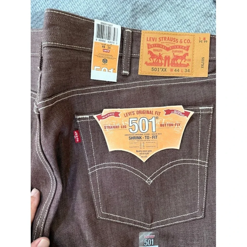 Levis 501 XX Original Fit Jeans Mens 44x34 Burgundy Brown White Stitch Denim NEW